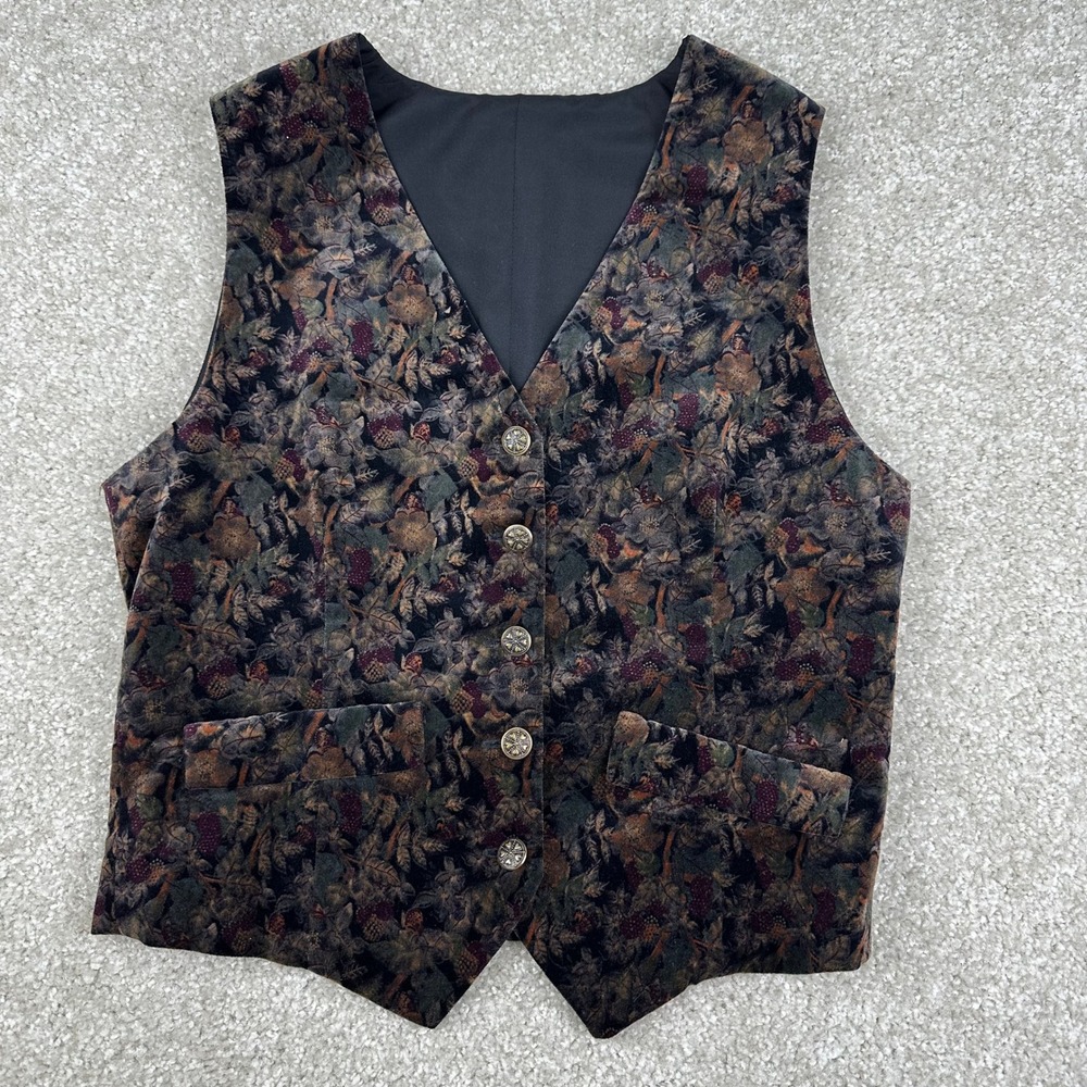 Vintage Floral Velvet Vest Dark Academia Cottagecore Brown Green Waistcoat